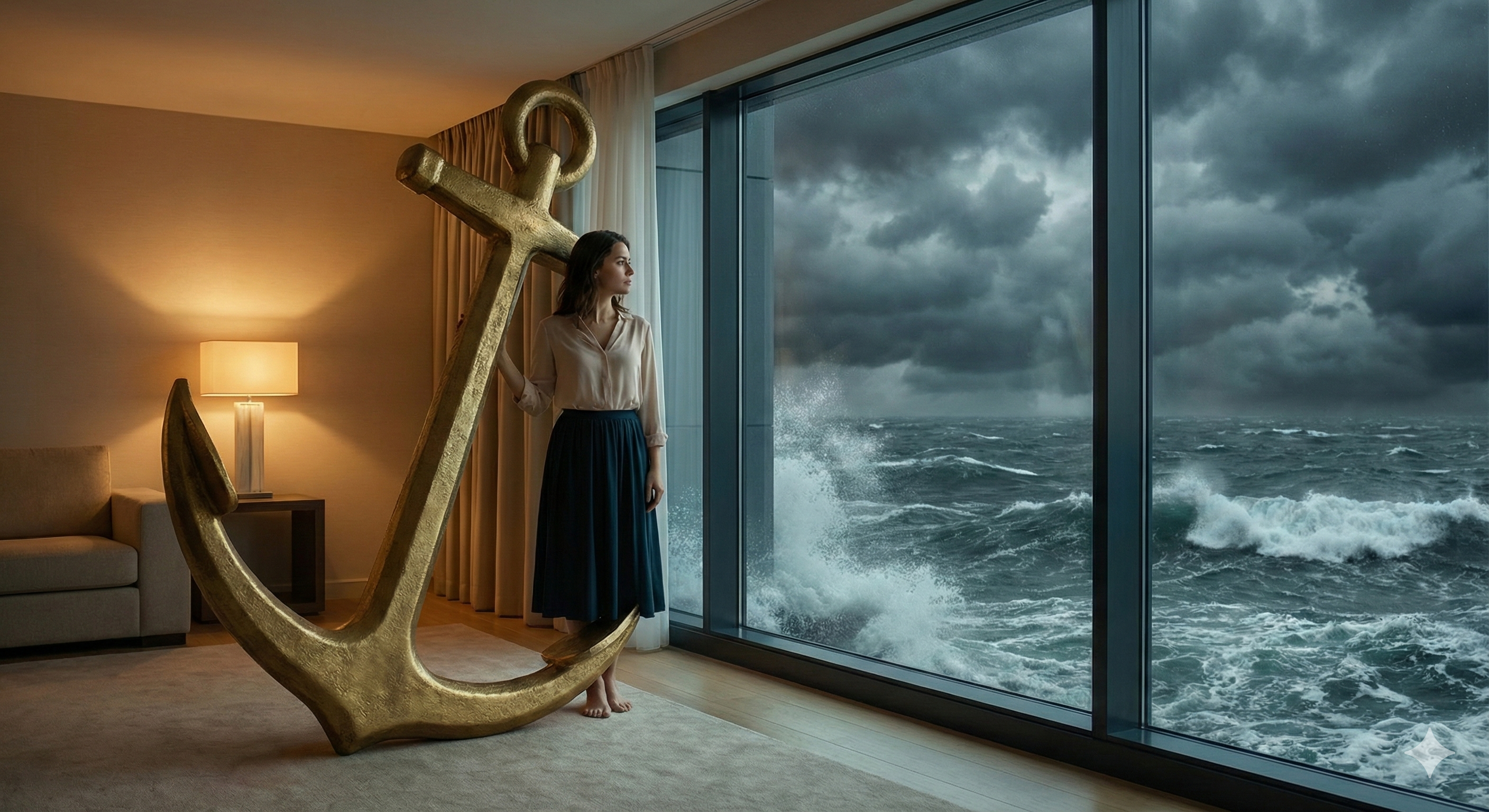 거친 파도가 치는 바다 앞에서도 끄떡없는 황금 닻에 기대어 있는 여성, IMA 계좌의 원금 보장과 안전성 상징