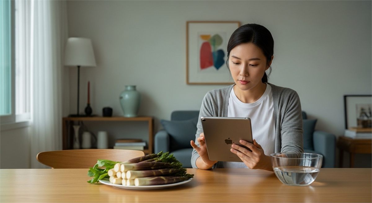 봄나물 정보를 보며 땅두릅을 준비하는 한국인 직장인의 모습