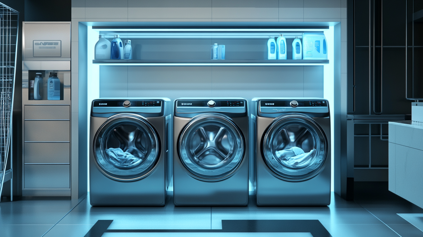 첨단 기술 혁신과 대조적인 스타일을 강조한 미래형 세탁실에서 삼성 및 LG 세탁기를 함께 전시한 모습