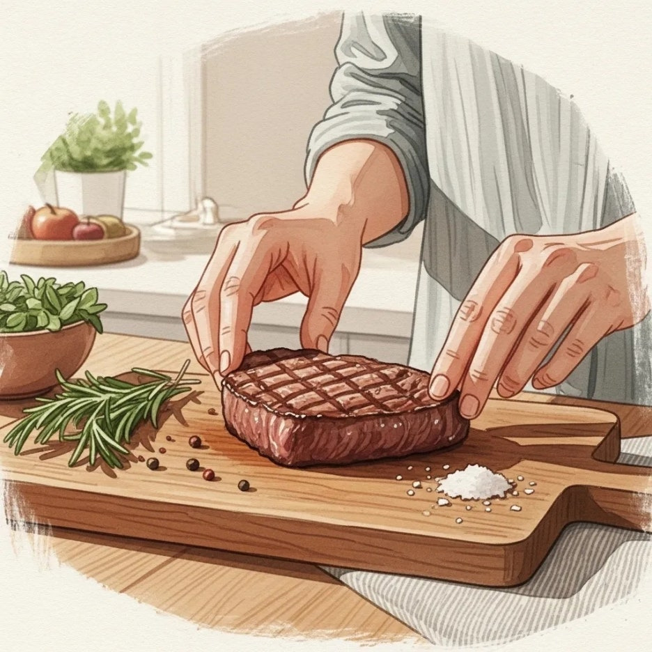 집에서 한우 요리 중인 따뜻한 주방 풍경