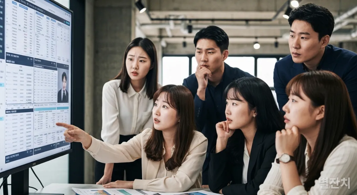 불확실한 시장 상황에 대해 토론하는 한국의 젊은 직장인들