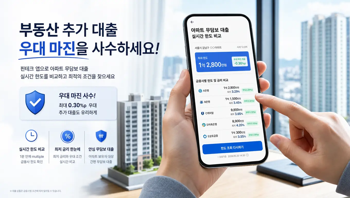 부동산 추가 대출 우대 마진을 사수하고 핀테크 앱으로 아파트 무담보 대출 실시간 한도를 비교하는 모습