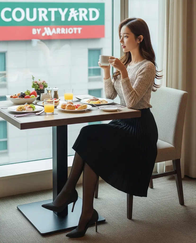 평택 코트야드 메리어트 호텔 레스토랑 창가에서 조식을 즐기는 여성