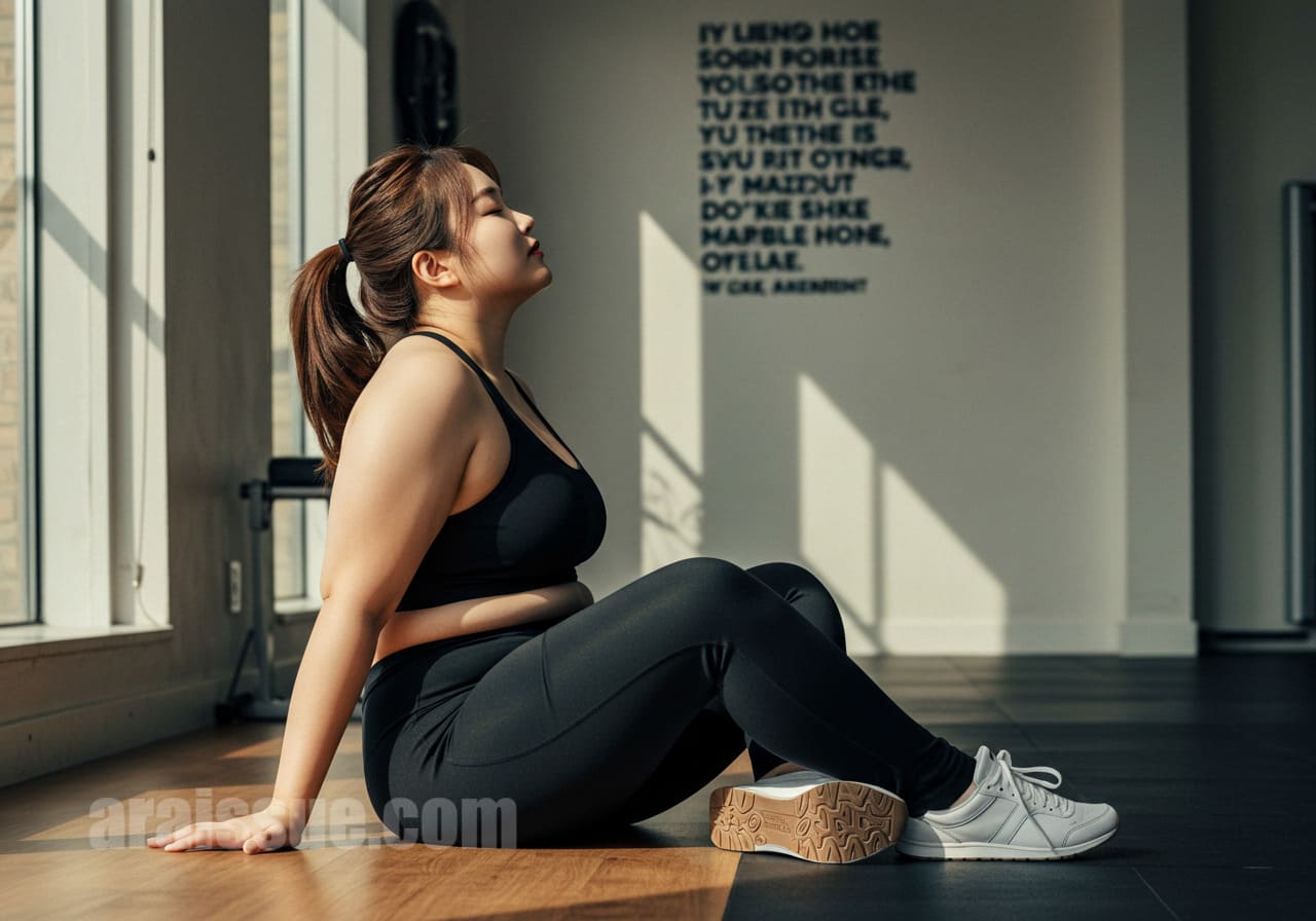 운동 후 지친 모습의 여성이 체육관 바닥에 앉아 눈을 감고 숨을 고르고 있다. 배경에는 '다시 시작하는 힘'을 상징하는 명언이 벽에 적혀 있다