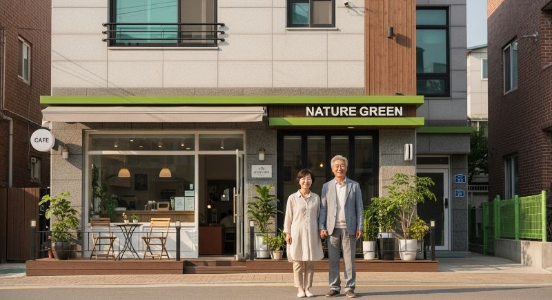 50대 은퇴 후 행복하게 상가주택 앞에서 미소 짓는 한국인 부부, 안정적인 노후 부동산 투자를 상징하는 현대적인 건물 배경.