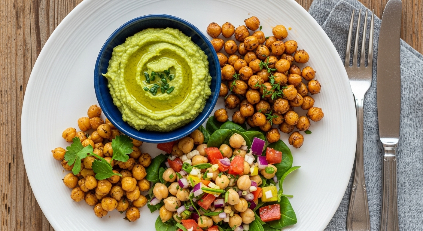 식탁 위에 예쁘게 차려진 병아리콩 후무스, 로스트 병아리콩, 병아리콩 샐러드 등 다양한 병아리콩 요리들. 건강하고 맛있는 병아리콩 활용법을 보여주는 푸드 스타일링.