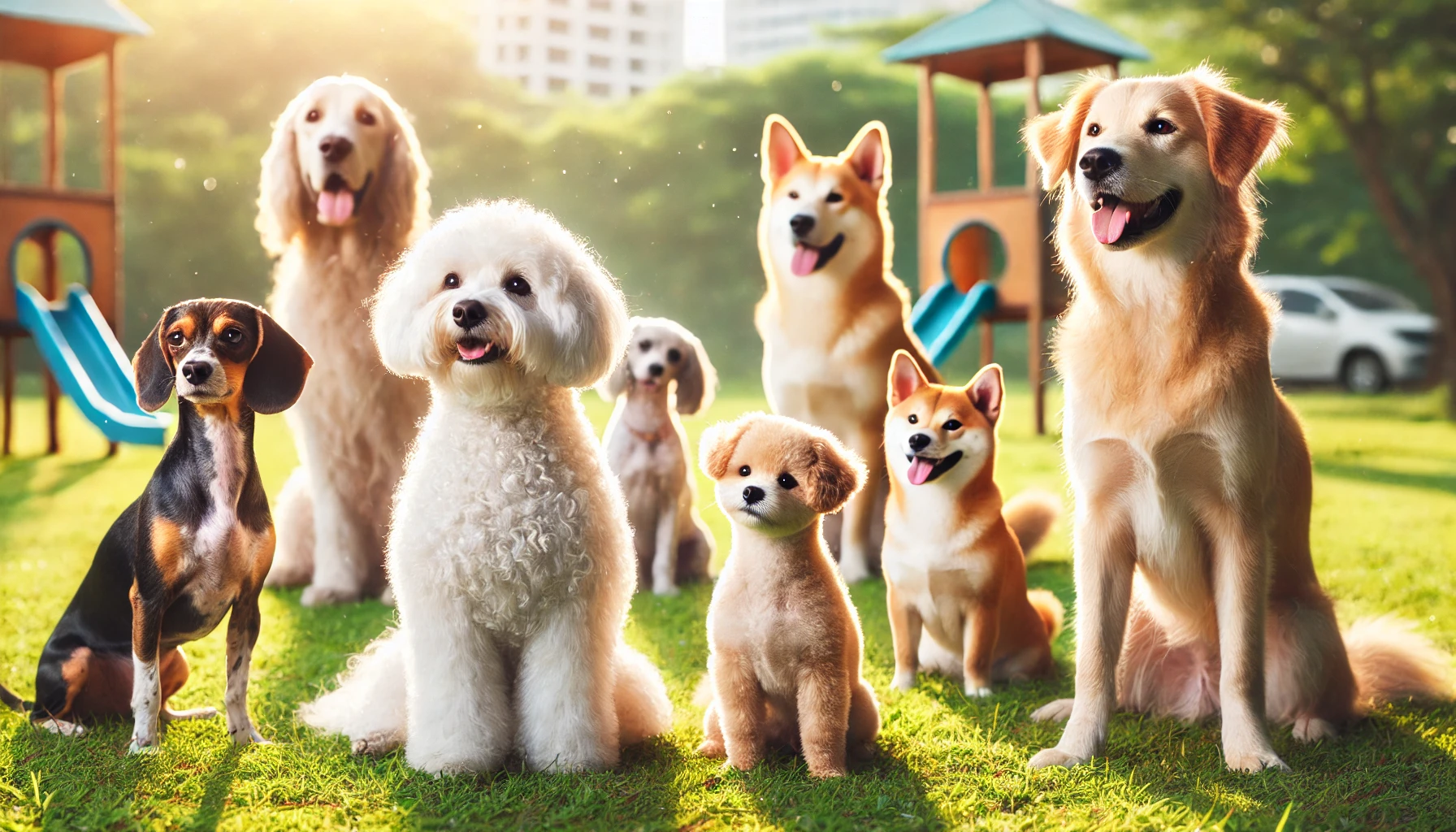 여러 견종의 강아지들이 밝은 잔디밭에서 함께 어울리는 장면
