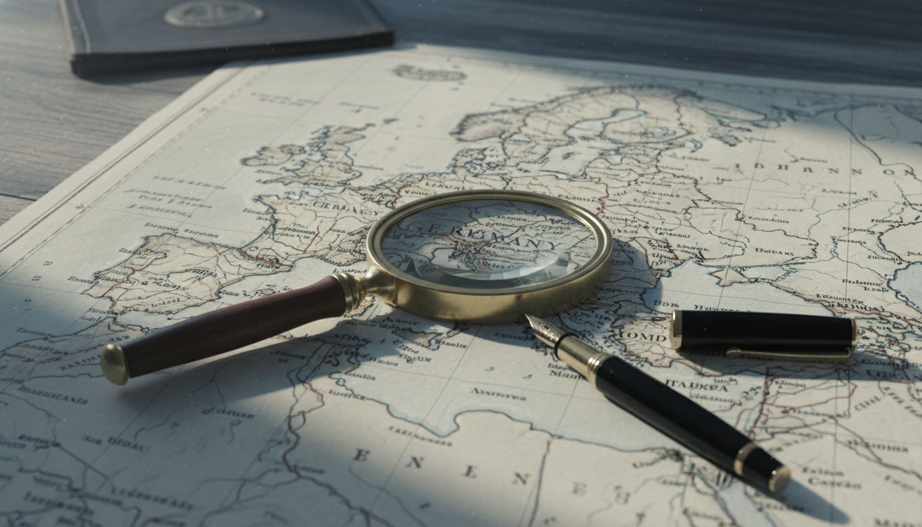 1930년대 유럽 지도가 펼쳐진 나무 책상과 돋보기가 놓여 있는 역사적인 분위기의 이미지