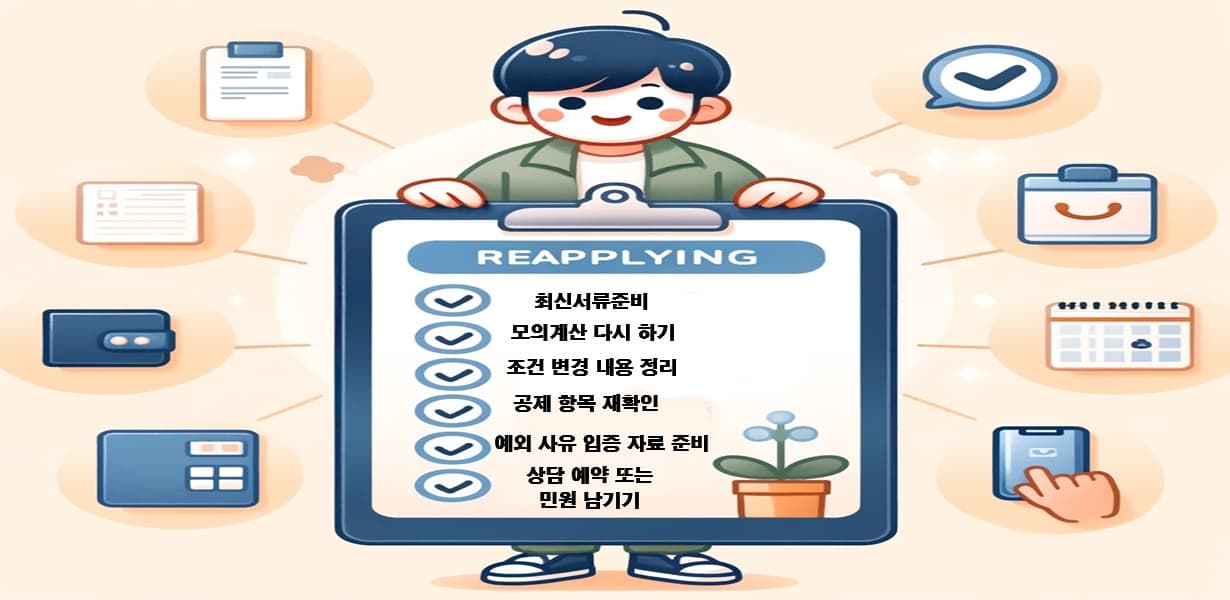 복지 재신청을 준비하는 신청자가 체크리스트를 점검하는 모습 – 서류, 계산기, 달력, ID 등 주요 요소가 함께 배치된 구조