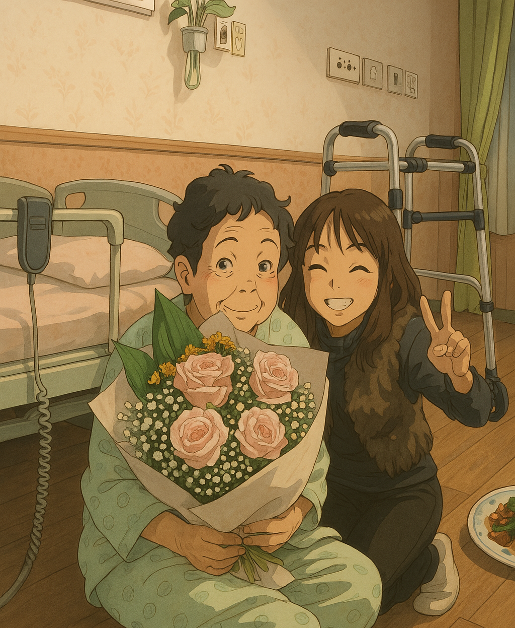 꽃다발을 안고 환하게 웃는 어르신과 딸의 모습