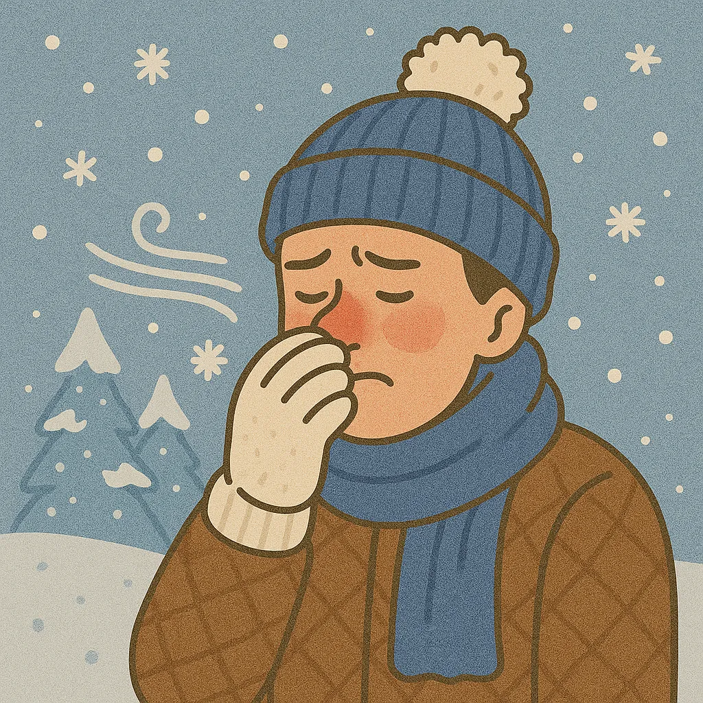 눈-내리는-겨울날-두꺼운-옷과-모자를-쓴-남성이-차가운-바람-때문에-코가-빨개져-손으로-가리고-있는-모습