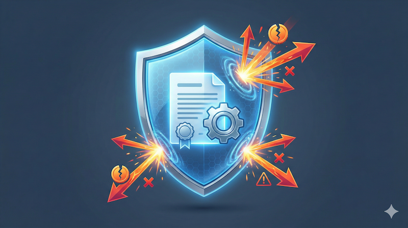 빛나는 파란색 방패가 내부의 문서와 톱니바퀴 아이콘을 안전하게 감싸고, 외부에서 날아오는 화살표(위험 요소와 페널티)를 튕겨내는 모습을 통해 기업을 지키는 든든한 안전망을 형상화한 일러스트