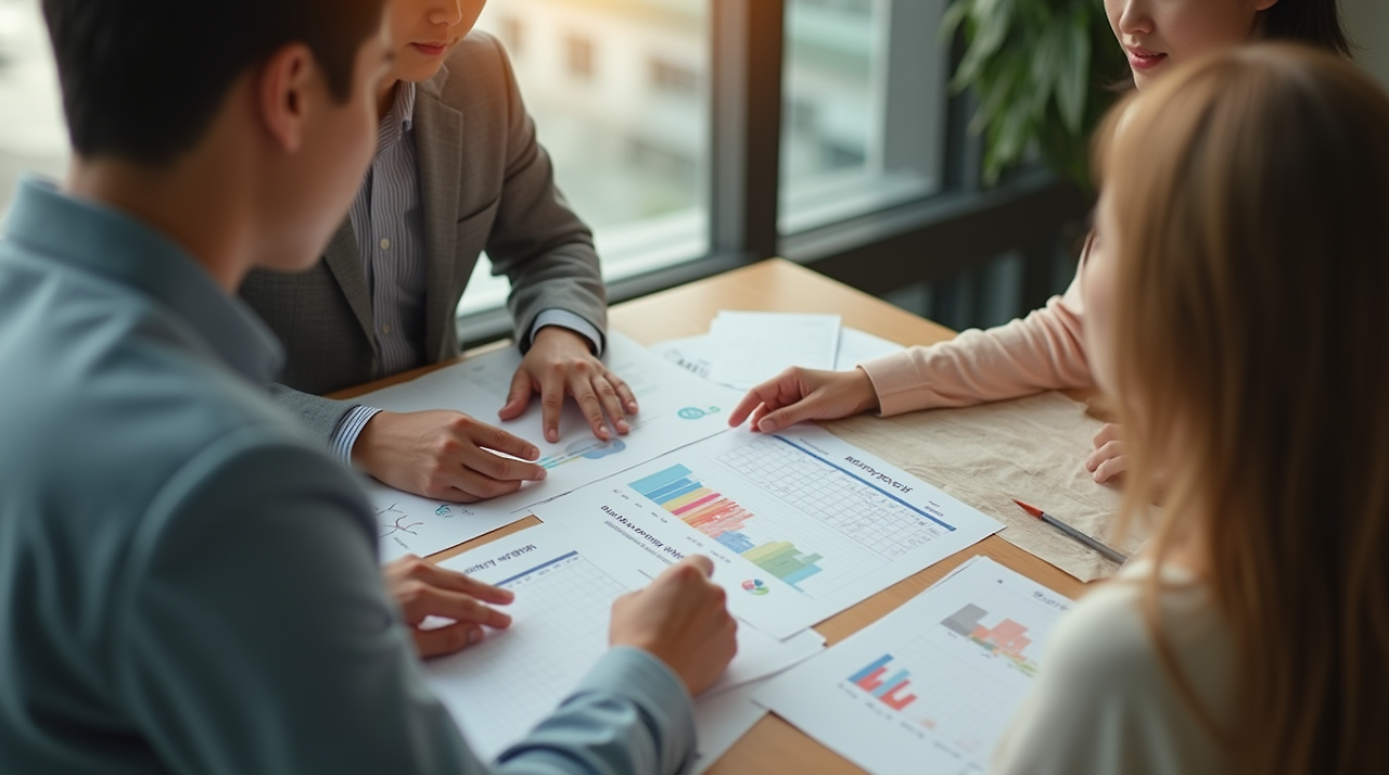 현대식 사무실에서 은행 직원과 주택 대출 상담을 하는 한국인 부부