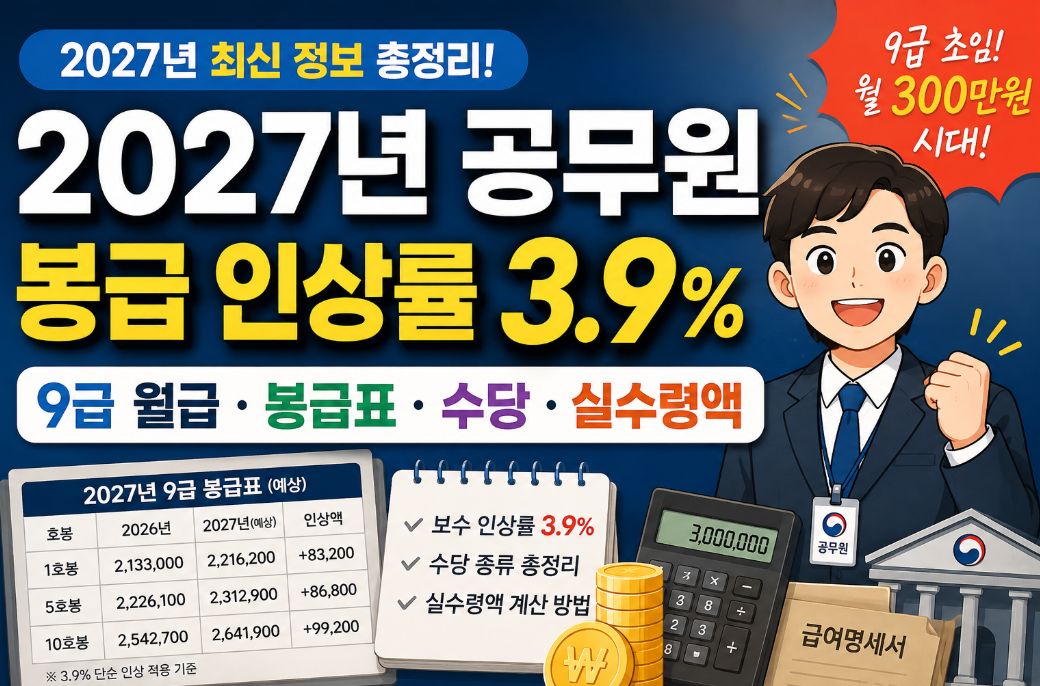 2027년 공무원 봉급 인상률 3.9%|9급 월급·봉급표·수당·실수령액