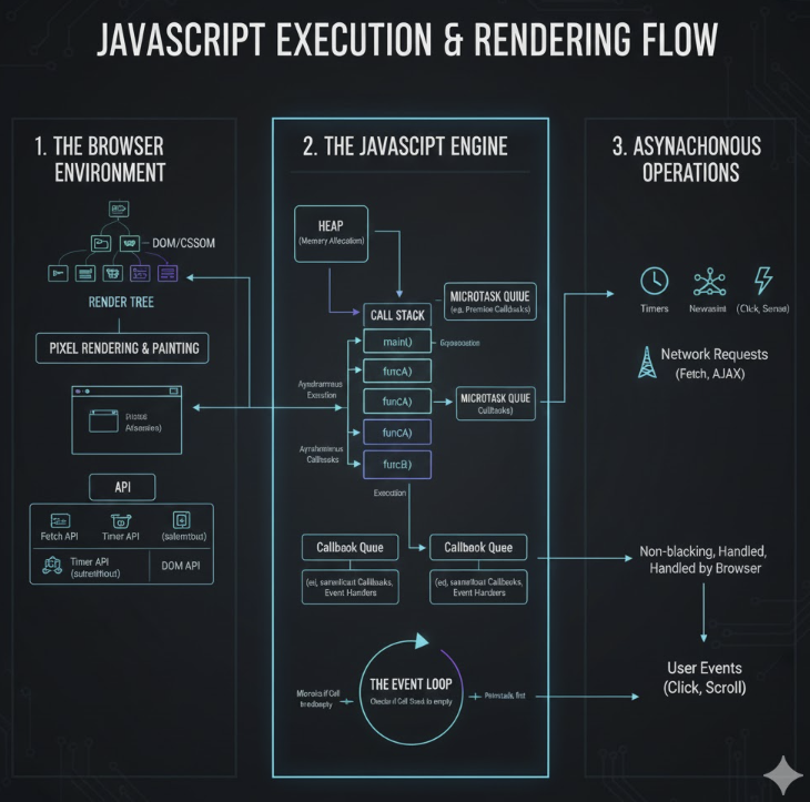 자바스크립트는 싱글 스레드의 V8 엔진 내에서 콜 스택으로 코드를 실행하며, 이벤트 루프를 통해 **비동기 작업(Web API)**을 관리하고 DOM 조작 후 브라우저의 렌더링 과정을 거쳐 화면에 출력되는 흐름을 보여주는 이미지