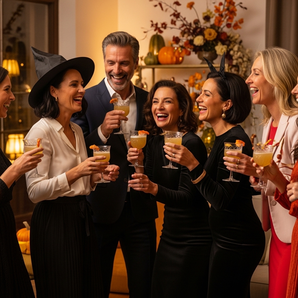 2025년 할로윈 파티에서 즐겁게 대화하고 있는 40대~50대 중년 남녀들. 세련된 복고풍 의상을 입고 웃음꽃을 피우며 새로운 할로윈 문화를 즐기는 모습.
