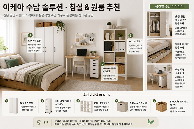 이케아 침실 수납 솔루션, 원룸과 작은 방을 위한 옷장·서랍장·책장 공간활용 아이디어
