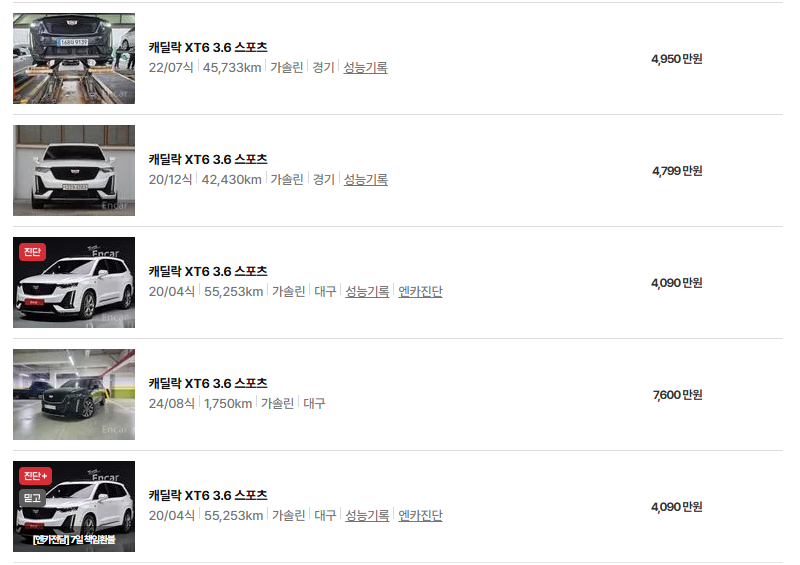 캐딜락 XT6 중고차 가격 시세표 및 유지비