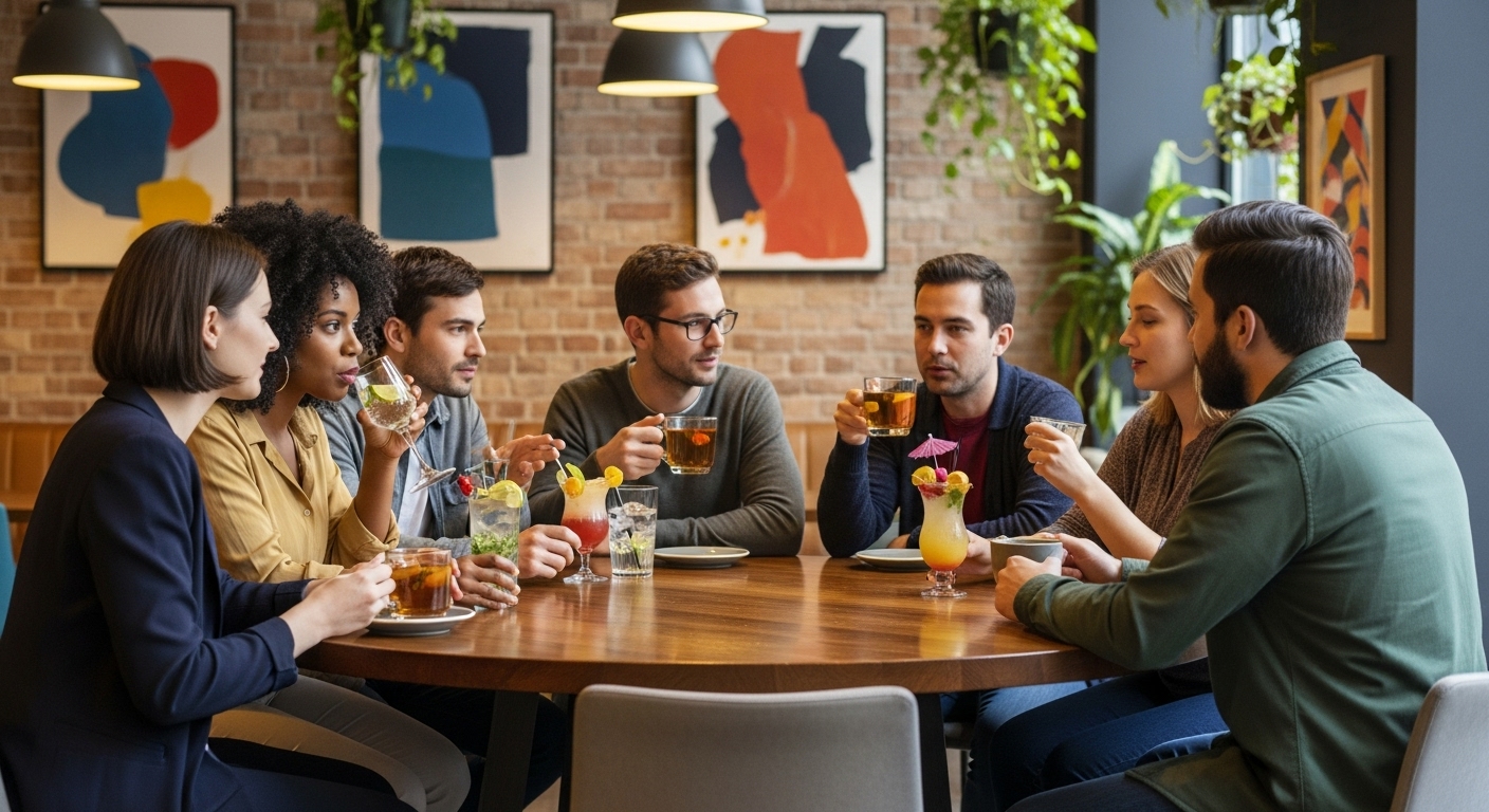 무알코올 음료를 마시며 진솔한 대화를 나누는 2030세대의 건강 지향적 소셜 모임.