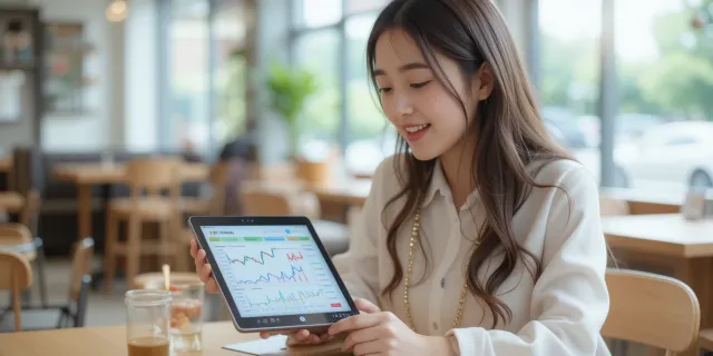 카페에서 강원랜드 주가 차트 분석 중인 여성 투자자