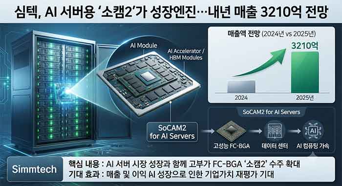 AI 서버용 소캠2와 매출 전망을 나타낸 심텍 인포그래픽.