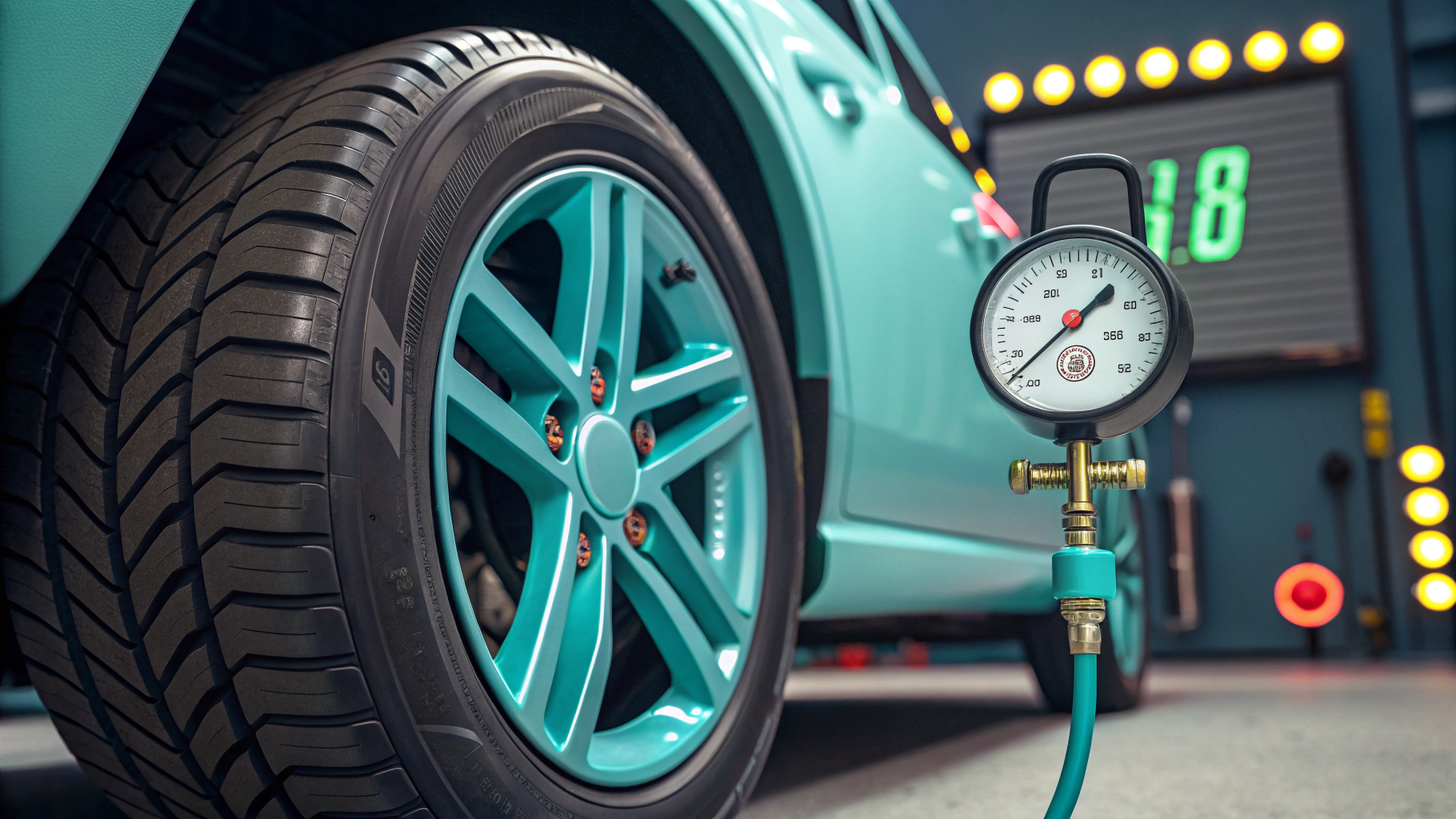 타이어 공기압을 표시하는 자동차와 계기판 이미지