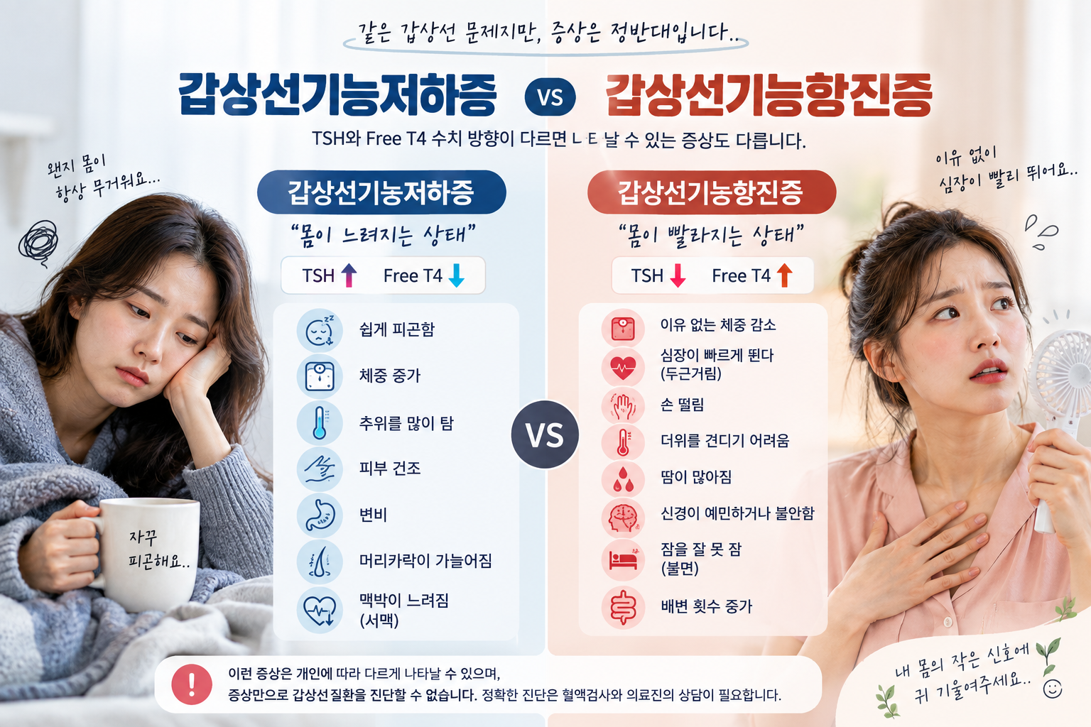 갑상선호르몬 부족과 과다에서 나타날 수 있는 증상 비교 그림