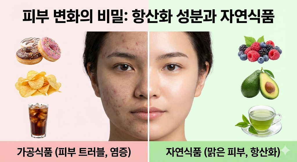 가공식품과 자연식품 섭취 시의 피부 상태를 비교하여 항산화 성분의 중요성을 강조하는 이미지