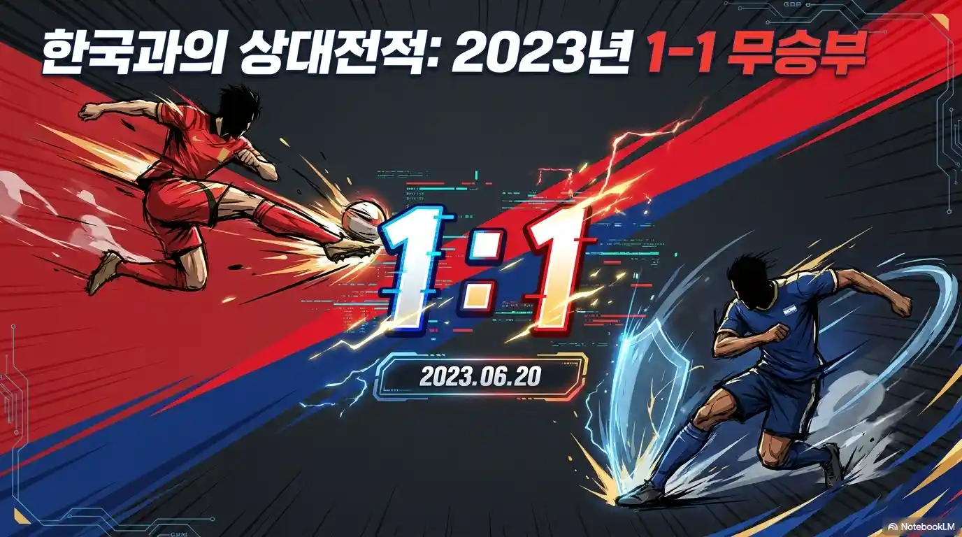 한국과의 상대전적: 2023년 1-1 무승부 텍스트와 2023년 6월 20일 경기에서 양 팀 선수가 공을 다투는 1:1 스코어 일러스트