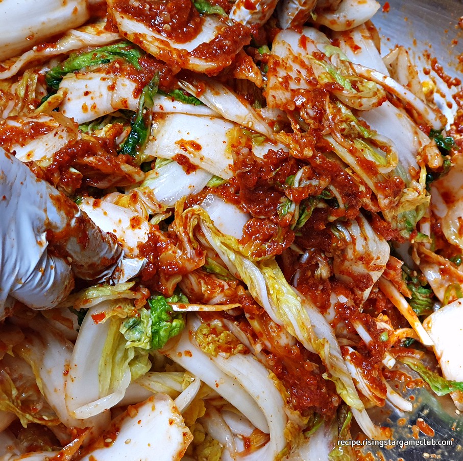 양푼에 담긴 배추겉절이 양념에 절여진 배추를 넣고 버무리는 사진