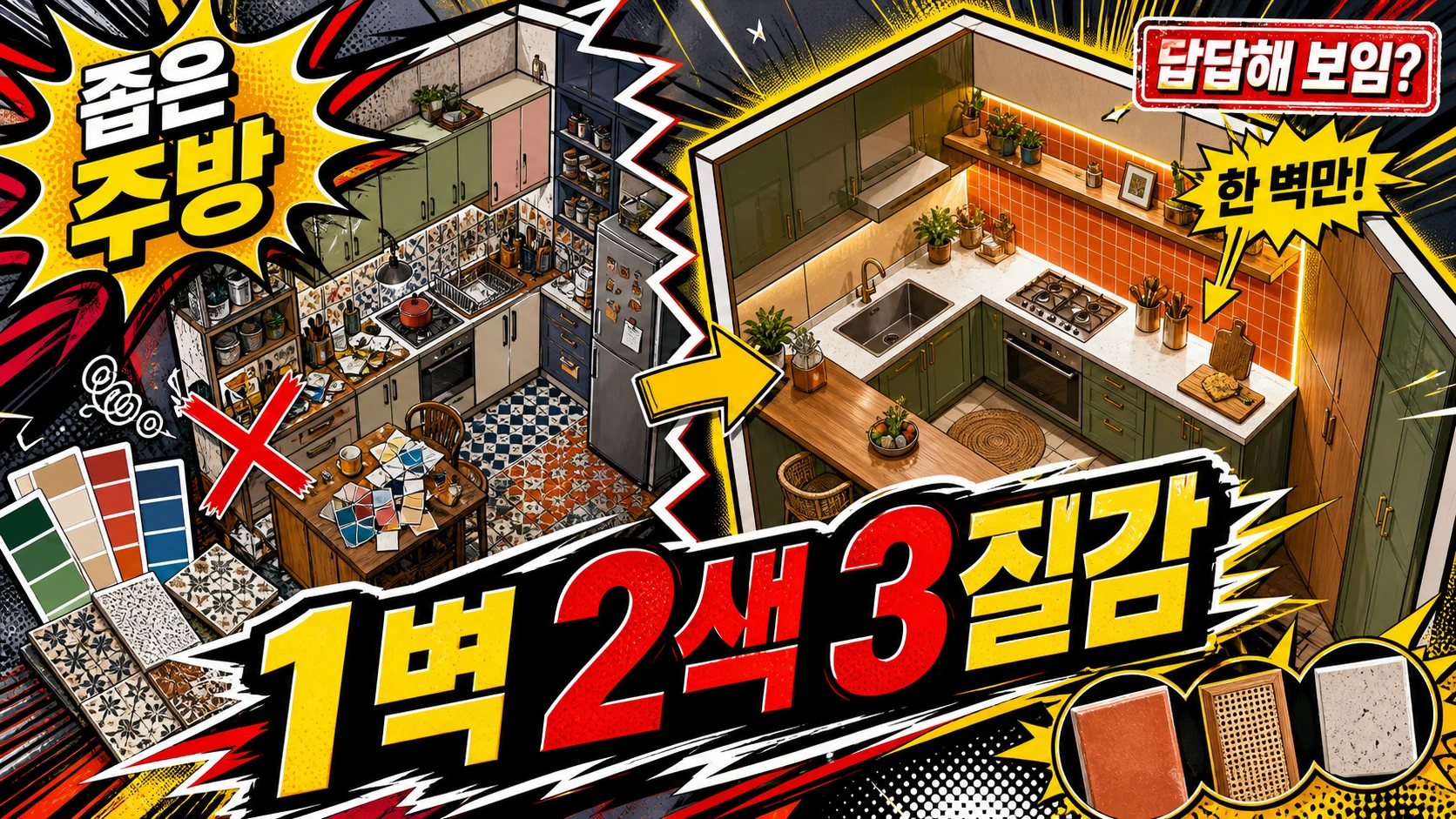 좁은 아파트 주방을 1벽 2색 3질감 법칙으로 정리하는 이국적 인테리어 비교 썸네일