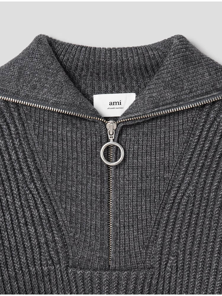 Zip Collar Ribbed Jumper - Heather Grey 지퍼