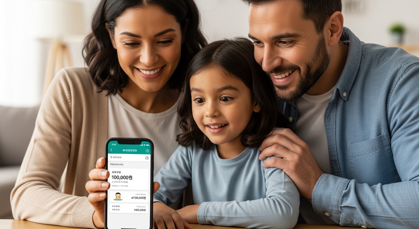 '아동수당 100,000원'이 찍힌 통장 내역을 보며 활짝 웃는 부모와 아이의 모습