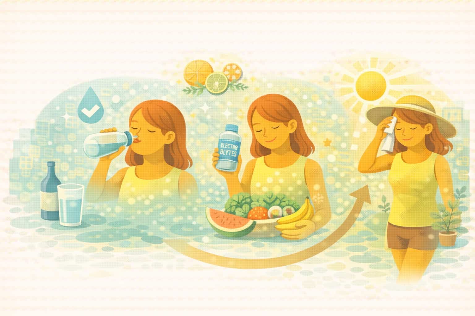 여름철 수분 섭취와 전해질 보충, 생활 습관으로 탈수를 예방하는 여성의 일러스트