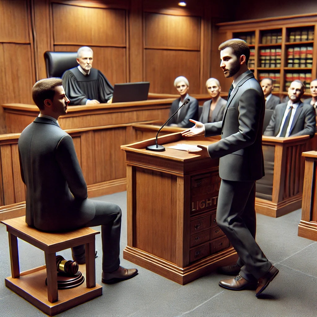변호사가 증인을 신문하며 판사와 배심원이 지켜보는 법정 장면