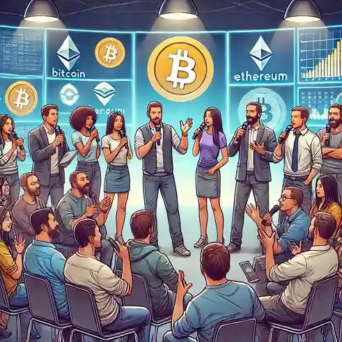 코인시장에 대해 여러사람들이 마이크를 잡고 말하는 모습