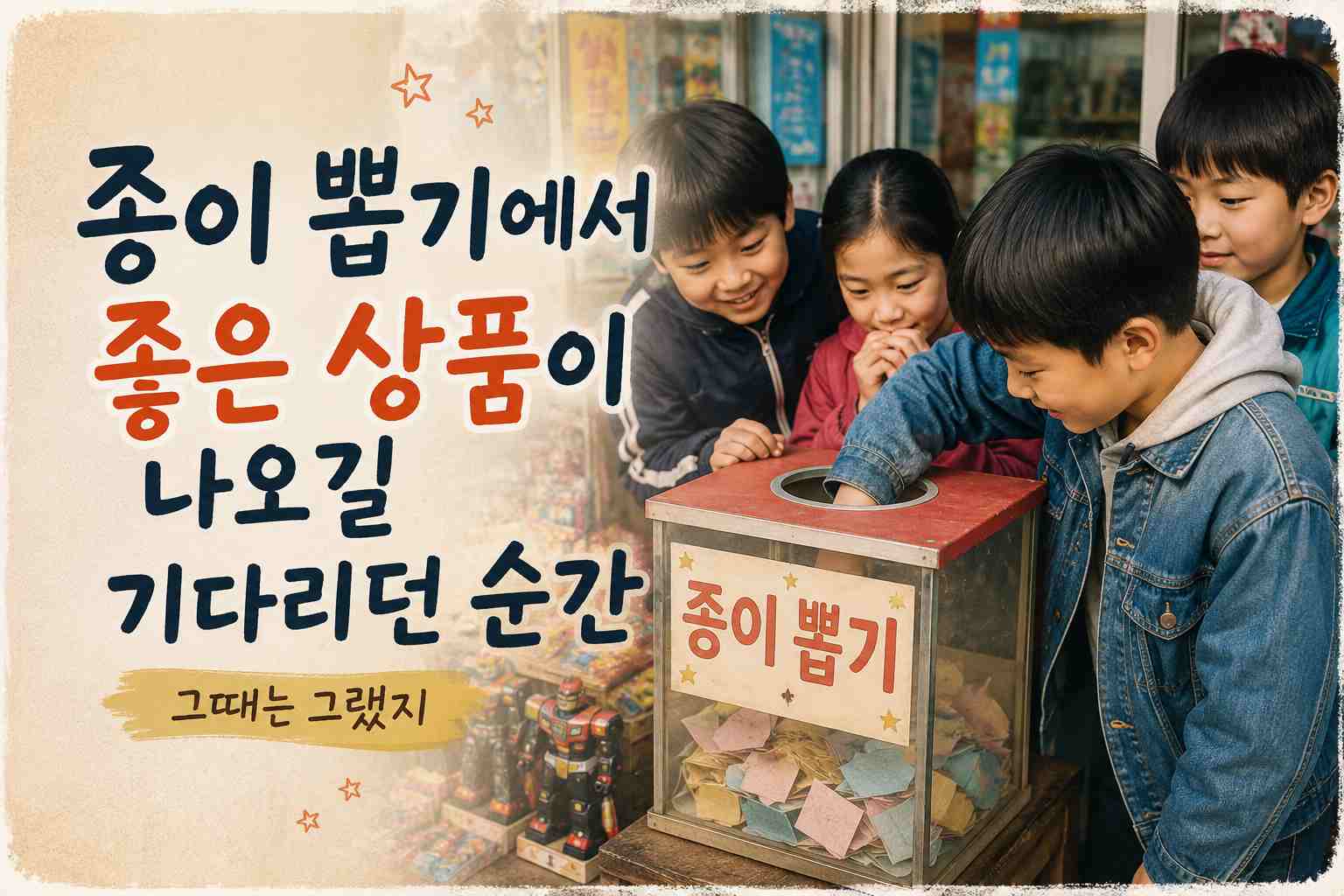 옛날 문방구에서 친구들이 지켜보는 가운데 종이 뽑기 상자에 손을 넣는 어린이