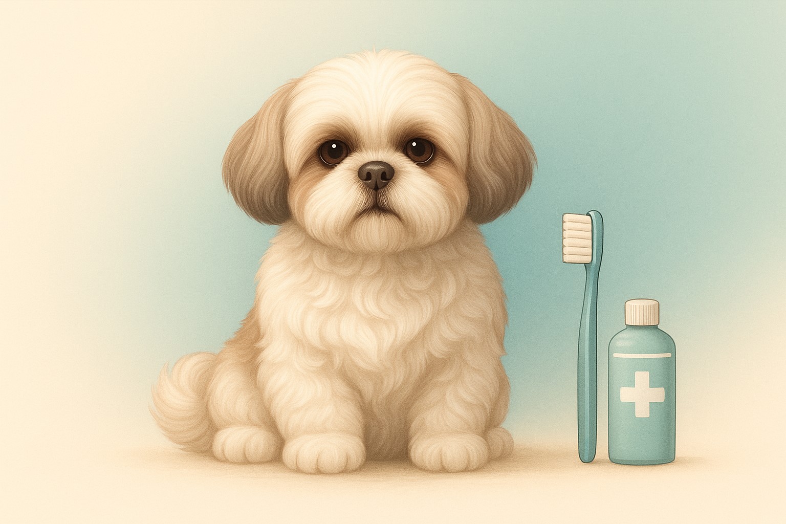 시츄가 중앙에 앉아 있고, 옆에 칫솔과 치약 소품 배치 된 모습