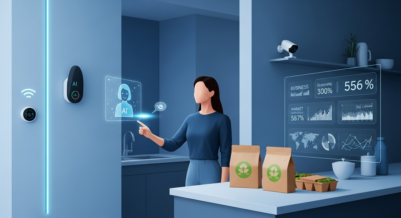 AI 개인 비서, 스마트 홈 기기, 지속 가능한 포장 등 미래 소비와 비즈니스 기회를 나타내는 개념 이미지입니다. 경제 데이터와 시장 트렌드를 보여주는 디지털 인터페이스가 깔끔하게 통합되어 있으며, 혁신과 효율성을 상징하는 푸른색과 회색 톤이 두드러집니다.