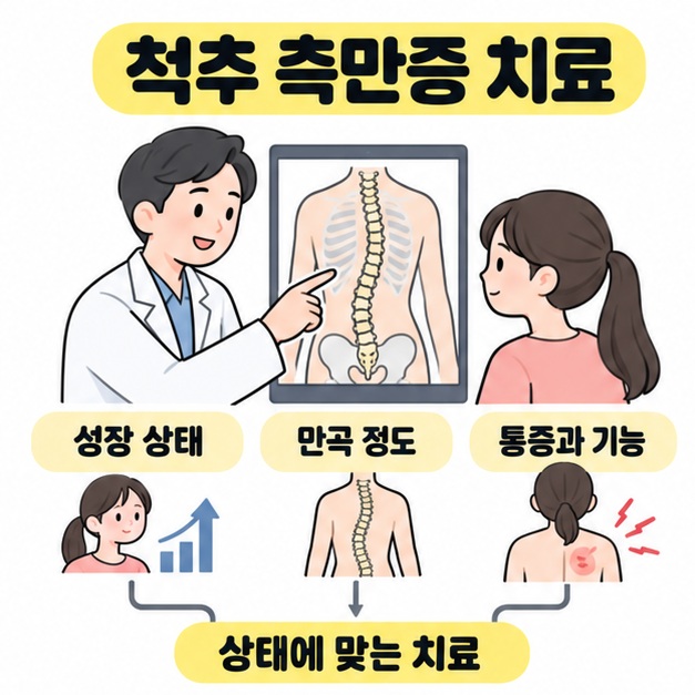 척추 측만증 치료라는 제목 아래 의료진과 환자가 척추 그림을 살펴보고 성장 상태, 만곡 정도, 통증과 기능을 상태에 맞는 치료로 연결한 그림
