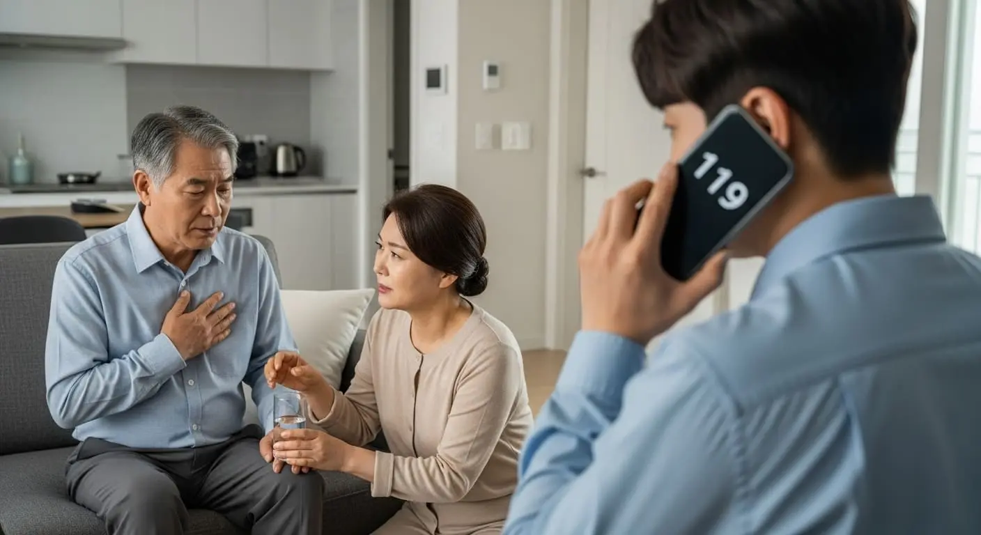 가족이 불편해 보이는 노인을 부축하고 다른 가족이 119에 신고하는 모습, 응급 상황 대처의 중요성