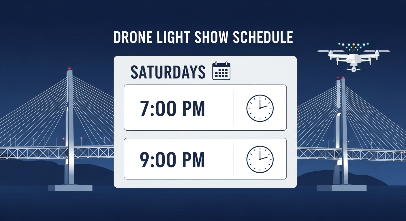 2025년 광안리 드론쇼의 주별 토요일 일정표. 오후 7시와 9시 두 번의 공연 시간이 명확히 표시되어 있다.