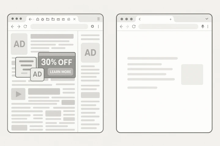 광고와 탭이 넘치는 웹 브라우저 화면 vs 미니멀한 브라우저 UI 비교