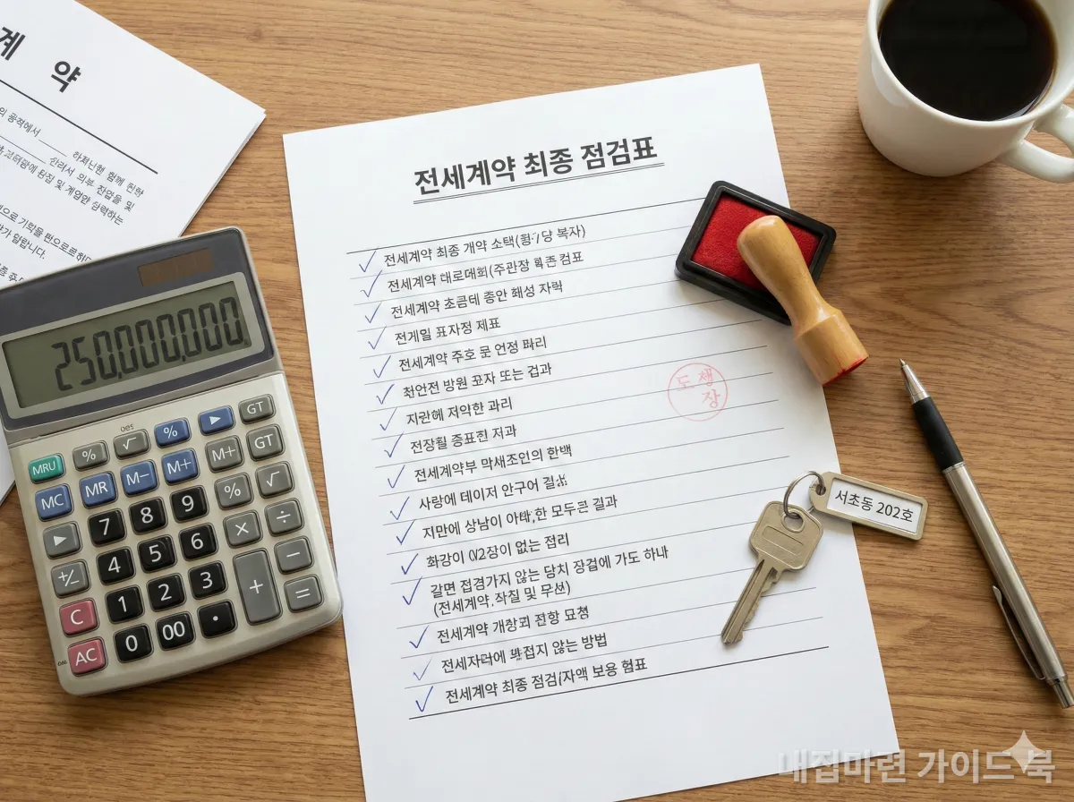 전세 계약 전 확인해야 할 체크리스트, 계산기, 도장, 열쇠가 놓인 테이블 사진