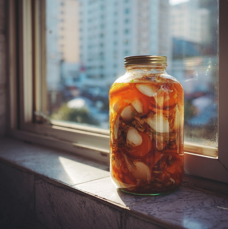 동치미를 용기에 담아 창가에 놨음