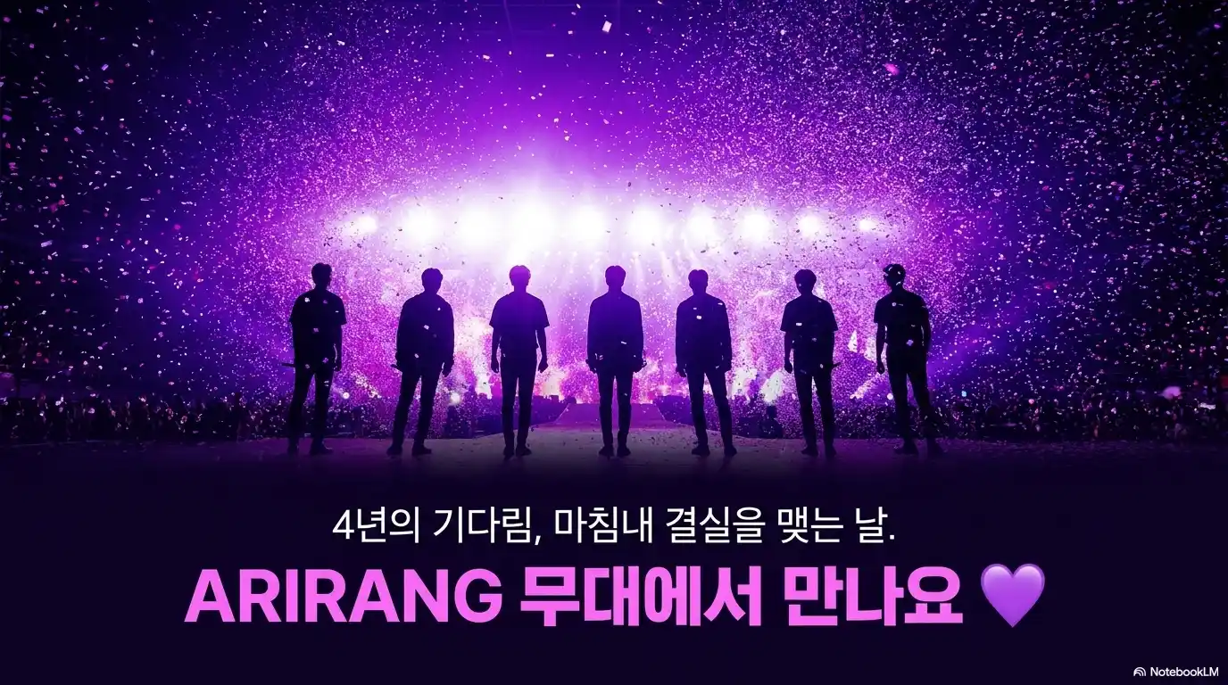 BTS ARIRANG 부산 공연 클로징 이미지, 4년의 기다림 끝에 무대 위 7인 실루엣과 보라색 폭죽 연출 감동 장면