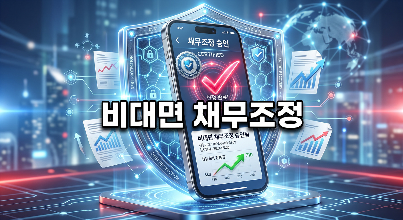 스마트폰 화면에 안전한 공동인증서와 붉은색 체크 표시가 떠 있고 디지털 방패가 이를 보호하는 3D 일러스트 배경에, 짙은 그림자와 외곽선으로 선명하게 강조된 '비대면 채무조정'이라는 한글 문구가 중앙에 적힌 이미지