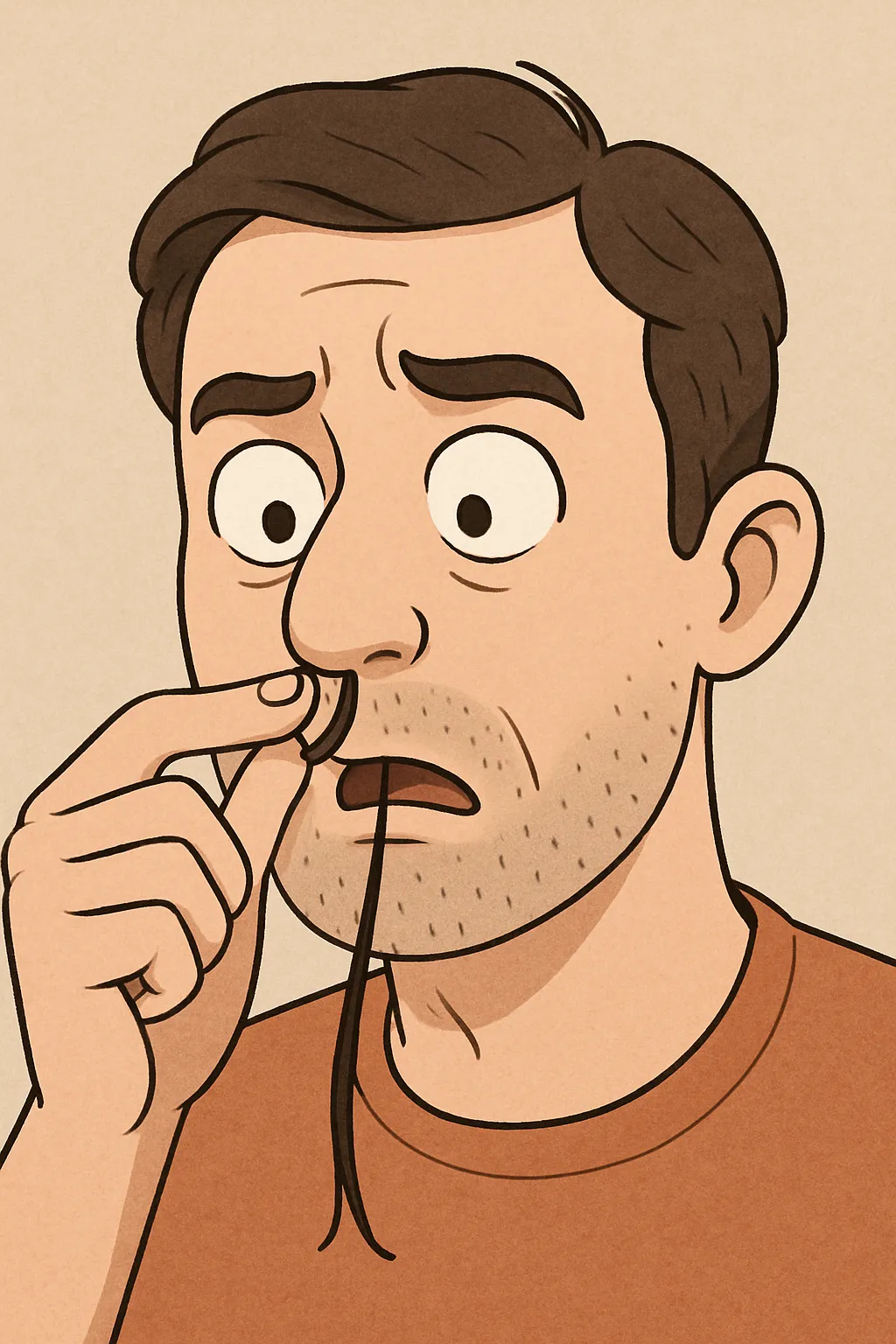 코털이-갑자기-길어지는-이유를-표현한-일러스트로,-남성이-놀란-표정으로-긴-코털을-잡아당기는-모습을-사실적으로-묘사함.