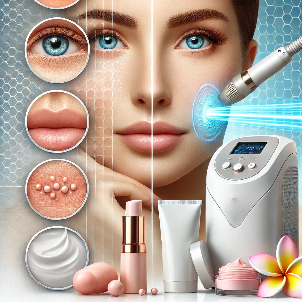 프락셀 레이저 시술의 효과를 나타내는 이미지로, 매끄럽고 탄력 있는 피부와 함께 레이저 장비 및 보습 제품이 포함된 장면. 레이저 빔이 배경에 나타나며 피부 재생과 모공 축소를 강조하는 디자인.