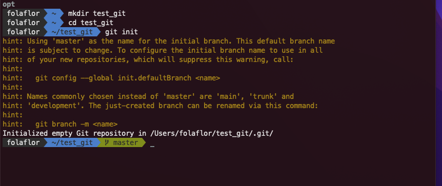 (캡쳐화면) git이 기본 브랜치 이름을 변경할 수 있음을 안내하고 있다.